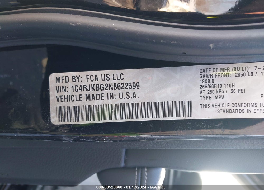 2022 JEEP GRAND CHEROKEE L LIMITED 4X4 VIN: 1C4RJKBG2N8622599