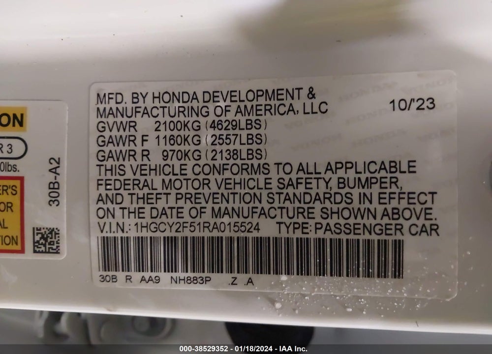 2024 HONDA ACCORD HYBRID SPORT VIN: 1HGCY2F51RA015524