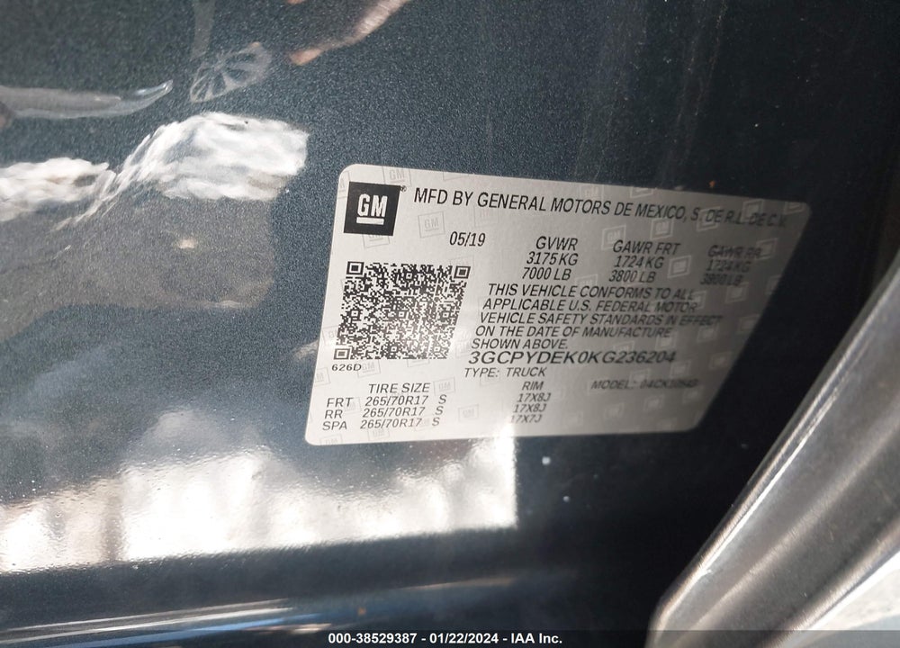 2019 CHEVROLET SILVERADO 1500 LT VIN: 3GCPYDEK0KG236204