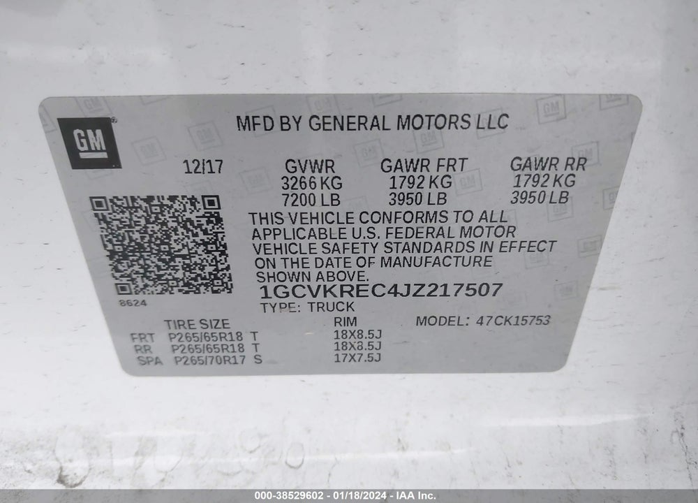 2018 CHEVROLET SILVERADO 1500 2LT VIN: 1GCVKREC4JZ217507