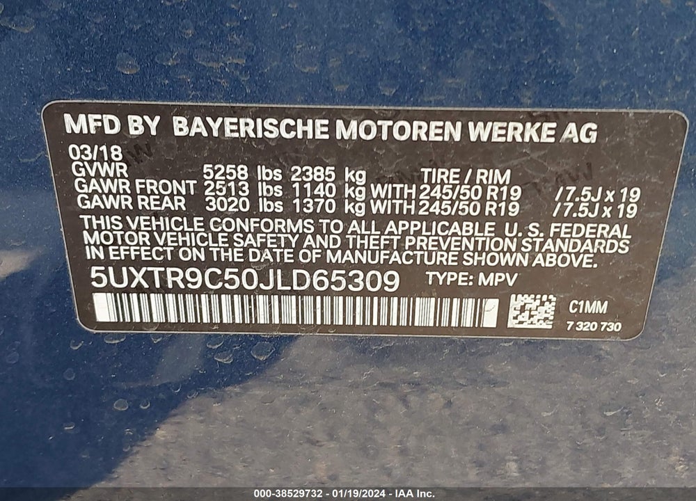 2018 BMW X3 XDRIVE30I VIN: 5UXTR9C50JLD65309