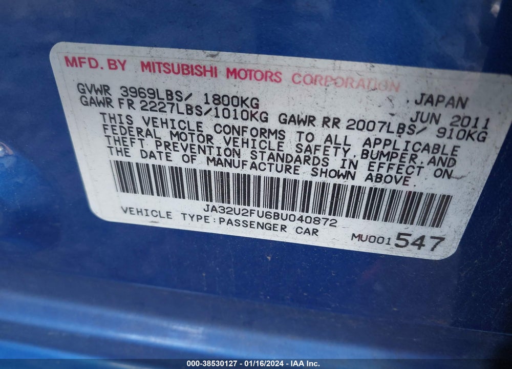 2011 MITSUBISHI LANCER ES VIN: JA32U2FU6BU040872