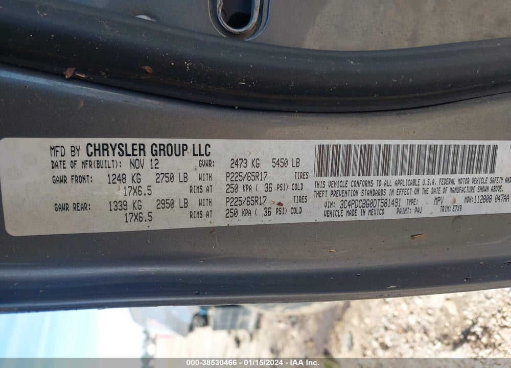 2013 DODGE JOURNEY SXT VIN: 3C4PDCBG0DT581491