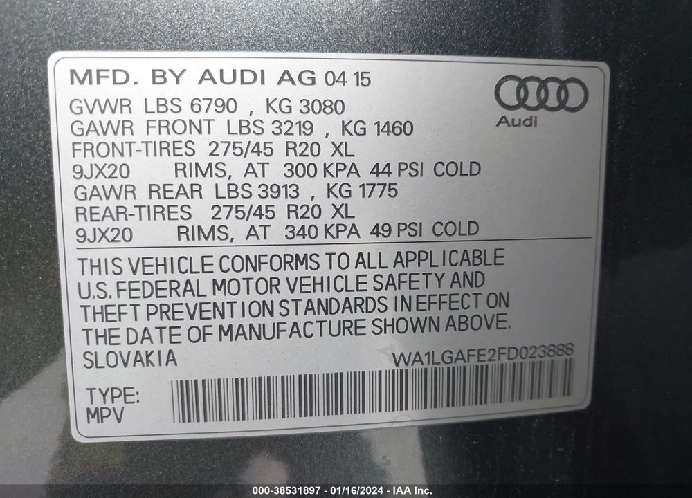 2015 AUDI Q7 3.0T PREMIUM VIN: WA1LGAFE2FD023888