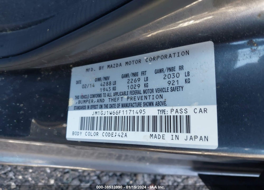 2015 MAZDA 6 I GRAND TOURING VIN: JM1GJ1W66F1171495