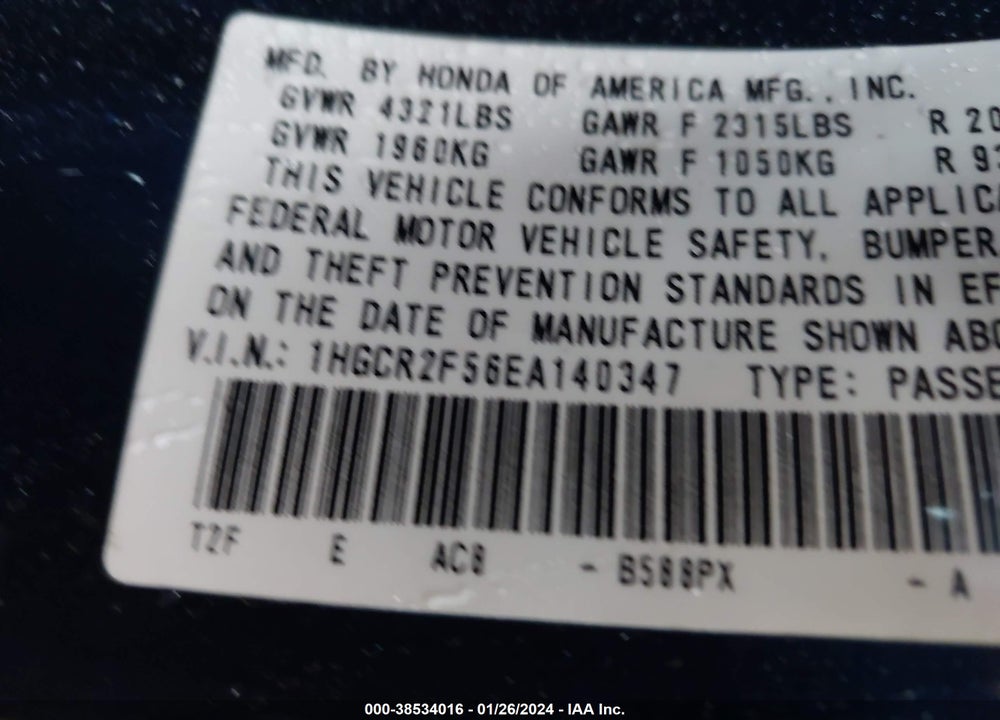 2014 HONDA ACCORD SPORT VIN: 1HGCR2F56EA140347