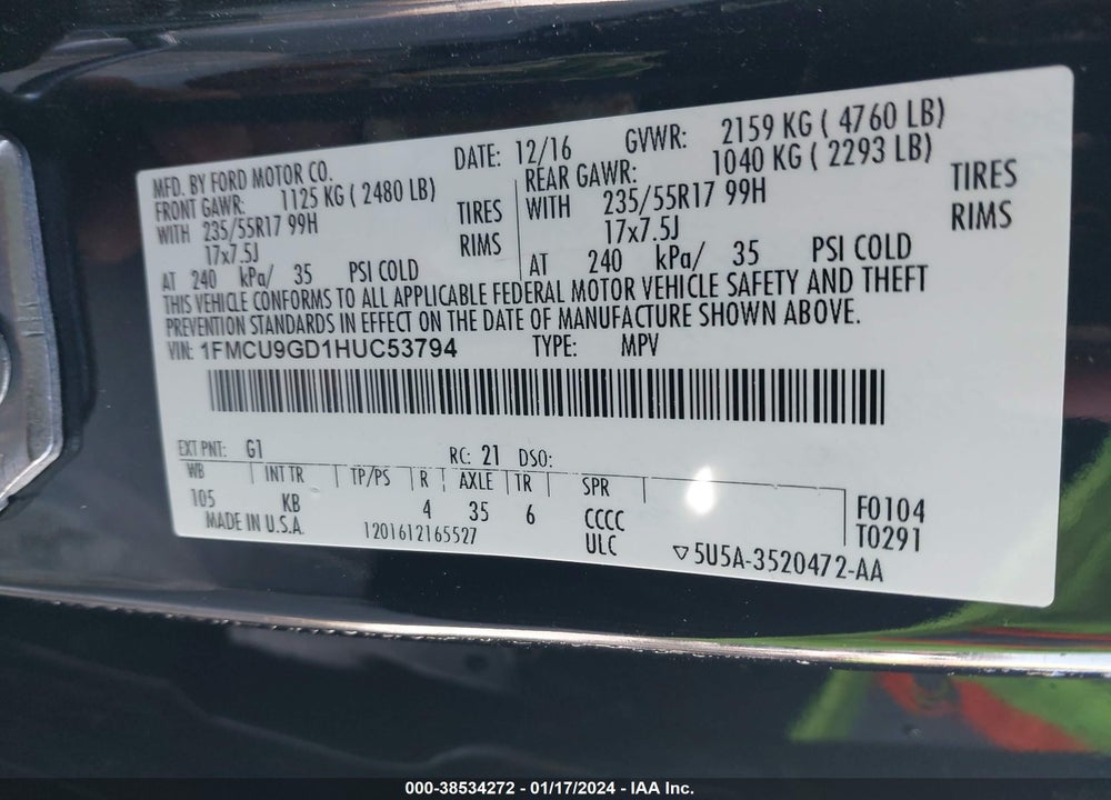 2017 FORD ESCAPE SE VIN: 1FMCU9GD1HUC53794