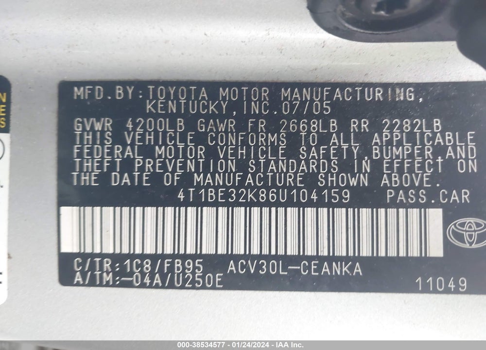 2006 TOYOTA CAMRY LE VIN: 4T1BE32K86U104159