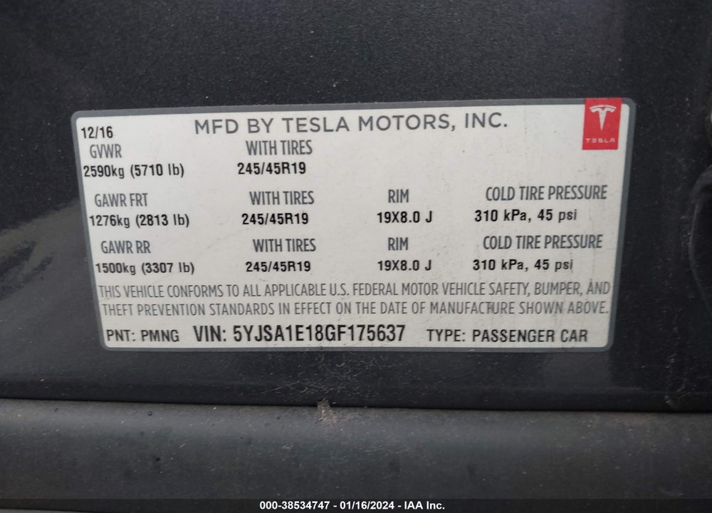 2016 TESLA MODEL S 60/70/75/85 VIN: 5YJSA1E18GF175637