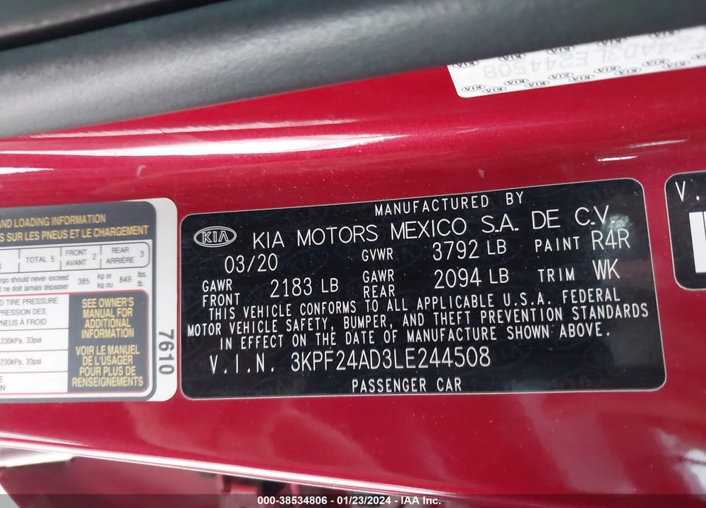 2020 KIA FORTE LXS VIN: 3KPF24AD3LE244508