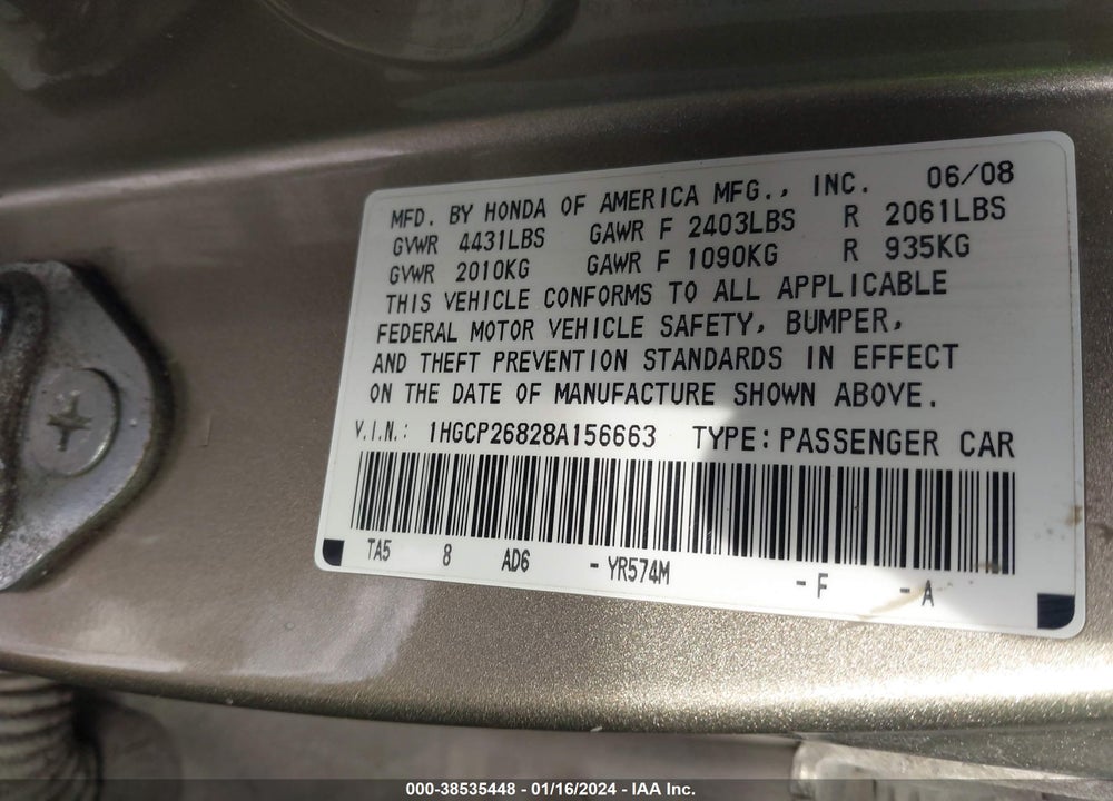 2008 HONDA ACCORD VIN: 1HGCP26828A156663