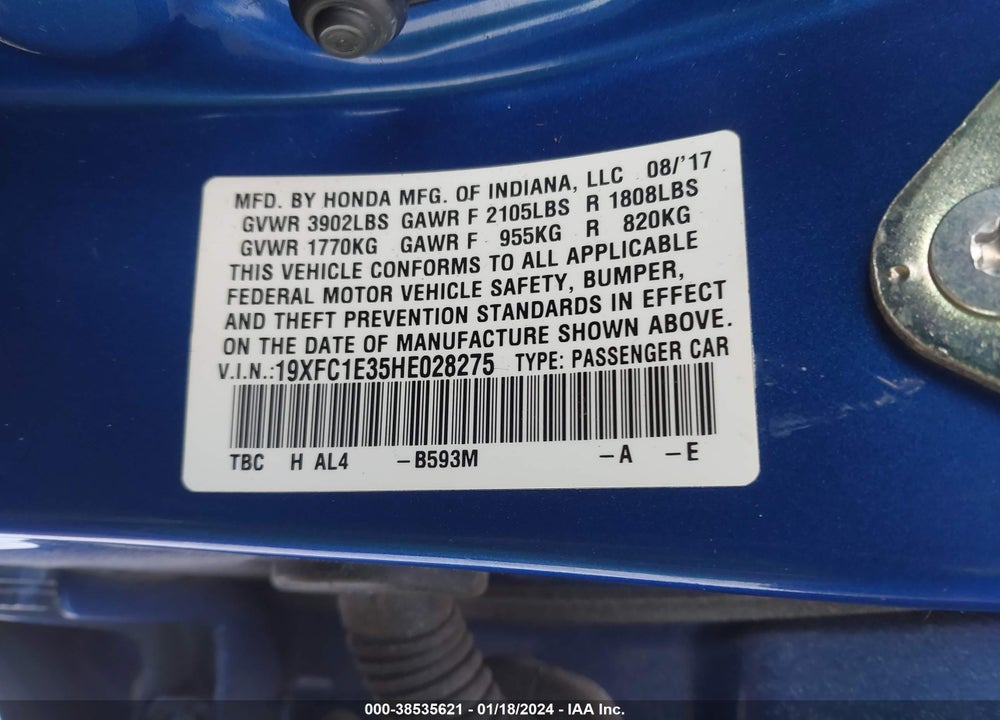 2017 HONDA CIVIC EX-T VIN: 19XFC1E35HE028275
