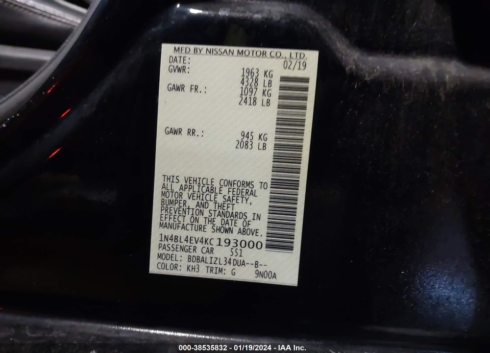2019 NISSAN ALTIMA VIN: 1N4BL4EV4KC193000