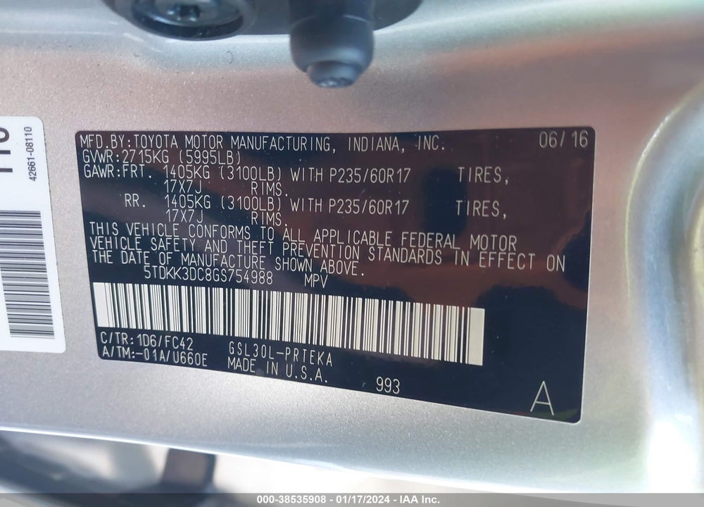 2016 TOYOTA SIENNA LE 8 PASSENGER VIN: 5TDKK3DC8GS754988