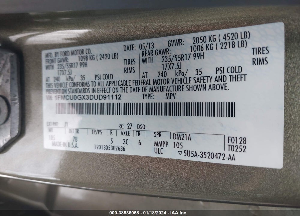 2013 FORD ESCAPE SE VIN: 1FMCU0GX3DUD91112