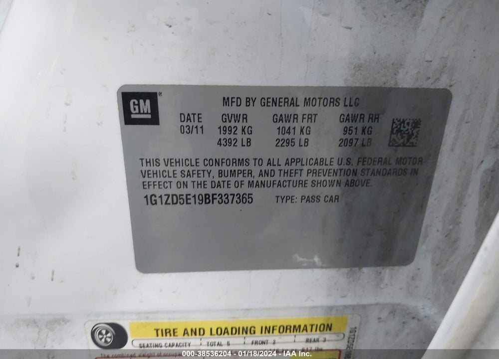 2011 CHEVROLET MALIBU 2LT VIN: 1G1ZD5E19BF337365