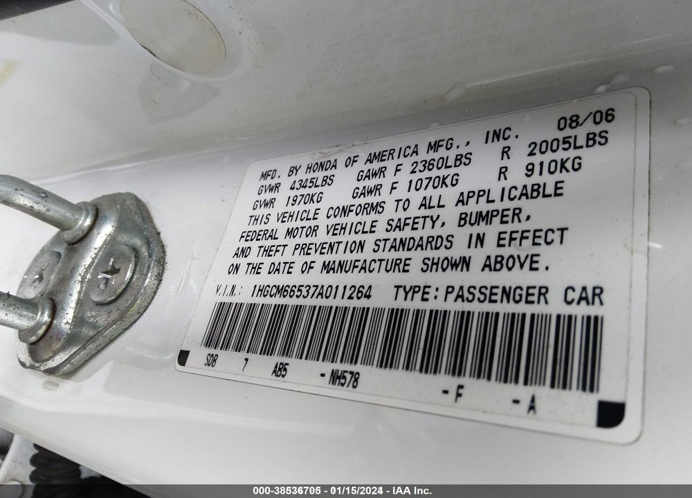 2007 HONDA ACCORD 3.0 EX VIN: 1HGCM66537A011264
