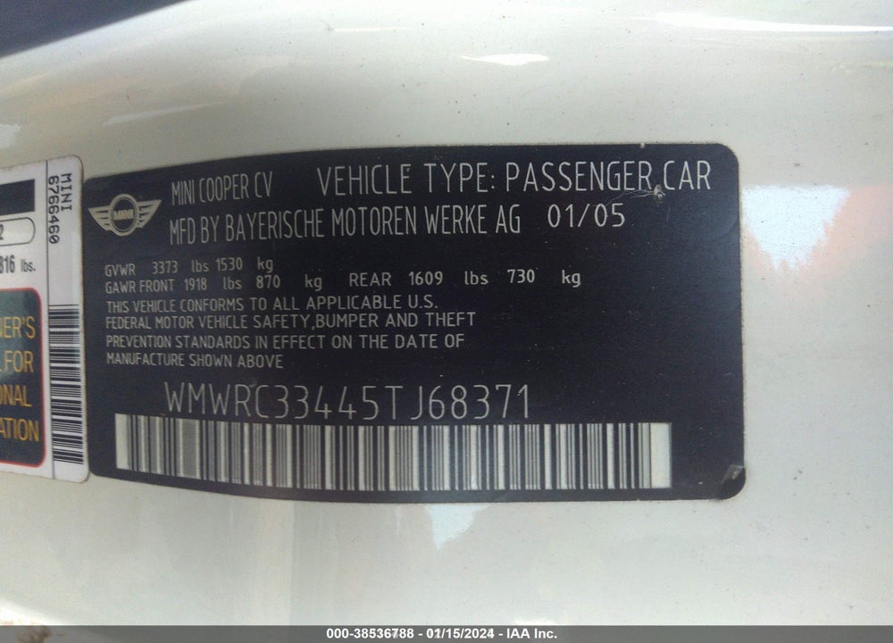 2005 MINI COOPER VIN: WMWRC33445TJ68371