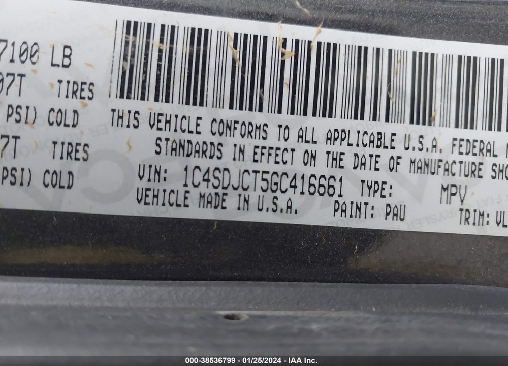 2016 DODGE DURANGO R/T VIN: 1C4SDJCT5GC416661