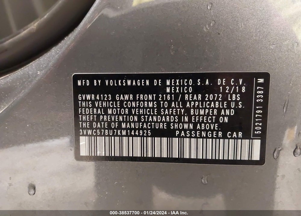 2019 VOLKSWAGEN JETTA 1.4T R-LINE/1.4T S/1.4T SE VIN: 3VWC57BU7KM144925