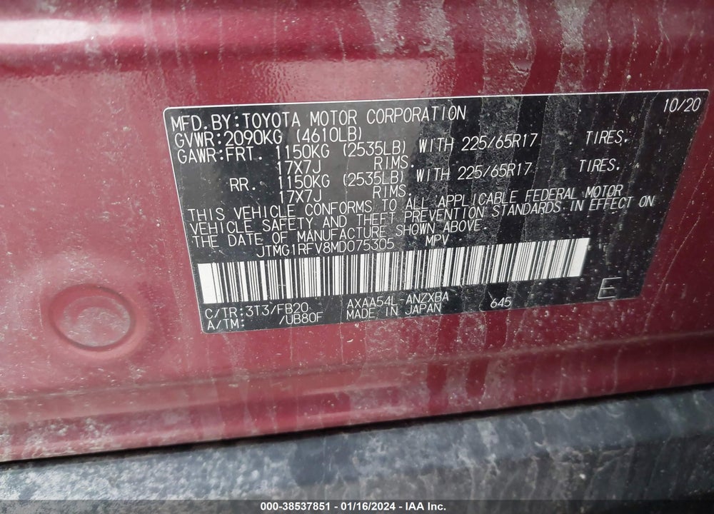 2021 TOYOTA RAV4 LE VIN: JTMG1RFV8MD075305