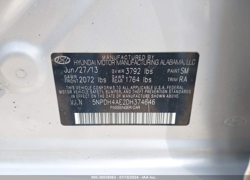 2013 HYUNDAI ELANTRA GLS VIN: 5NPDH4AE2DH374646