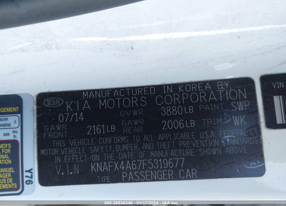 2015 KIA FORTE LX VIN: KNAFX4A67F5319677