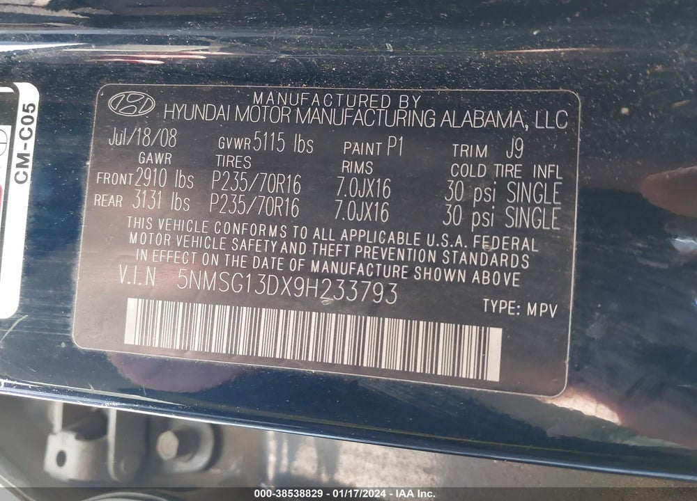 2009 HYUNDAI SANTA FE GLS VIN: 5NMSG13DX9H233793