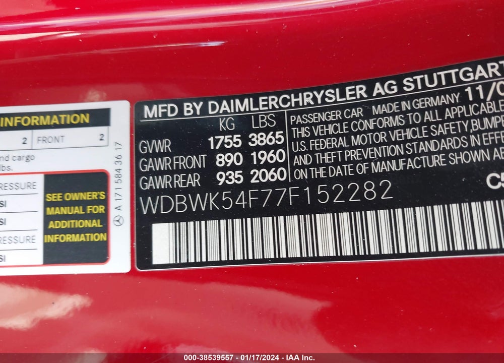 2007 MERCEDES-BENZ SLK 280 VIN: WDBWK54F77F152282