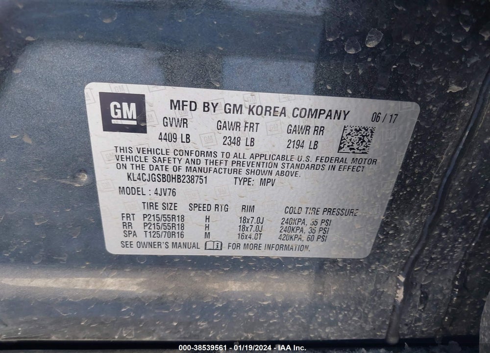 2017 BUICK ENCORE ESSENCE VIN: KL4CJGSB0HB238751
