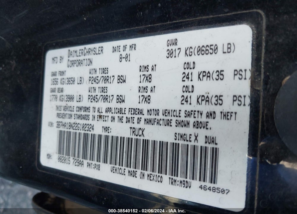 2002 DODGE RAM 1500 ST VIN: 3B7HA18N22G102324