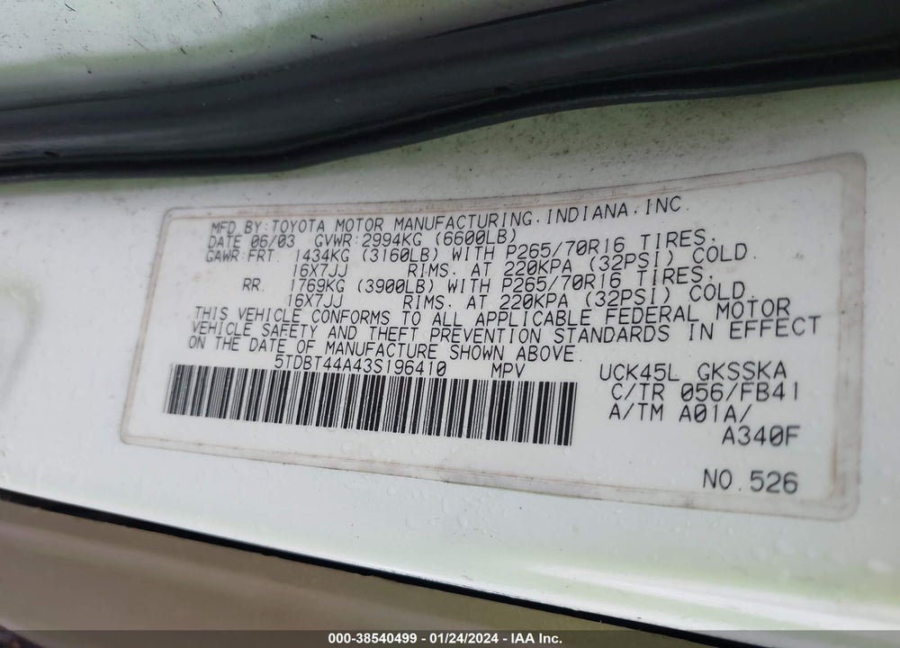 2003 TOYOTA SEQUOIA SR5 VIN: 5TDBT44A43S196410