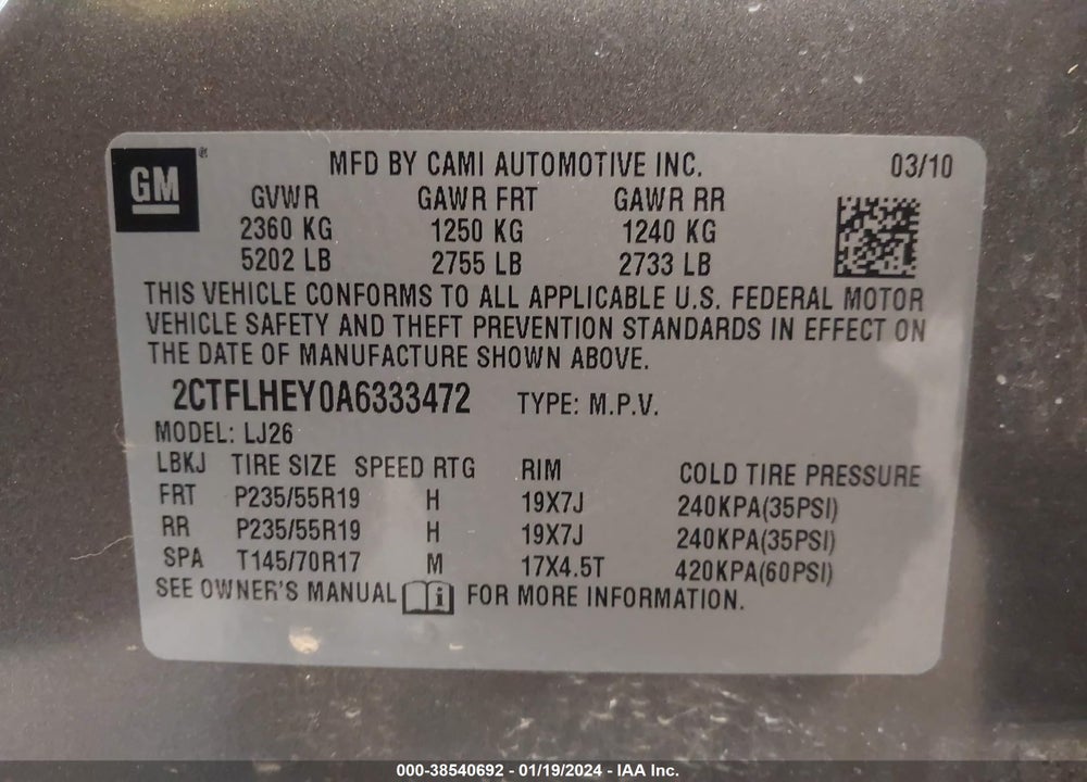 2010 GMC TERRAIN SLT-2 VIN: 2CTFLHEY0A6333472