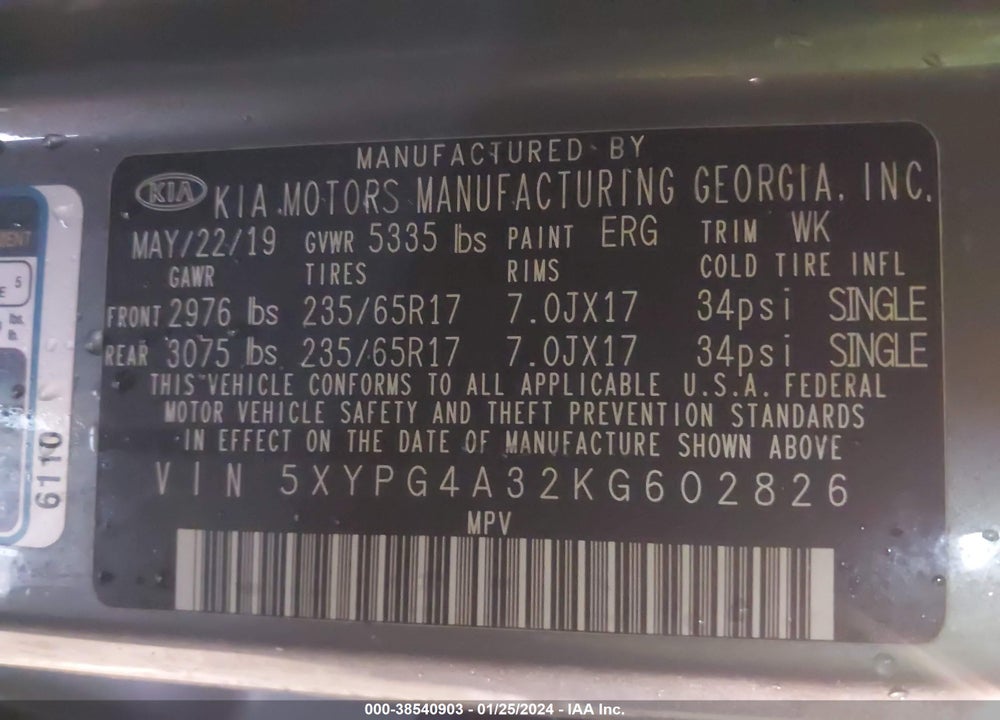 2019 KIA SORENTO 2.4L L VIN: 5XYPG4A32KG602826