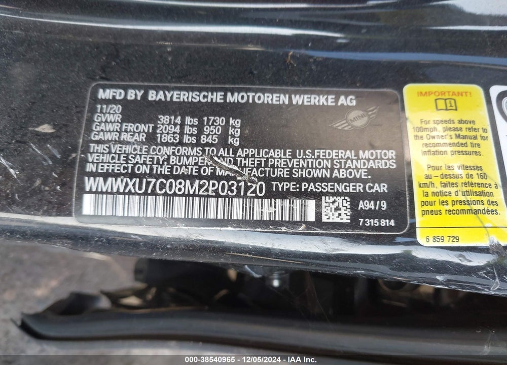 2021 MINI HARDTOP OXFORD EDITION VIN: WMWXU7C08M2P03120