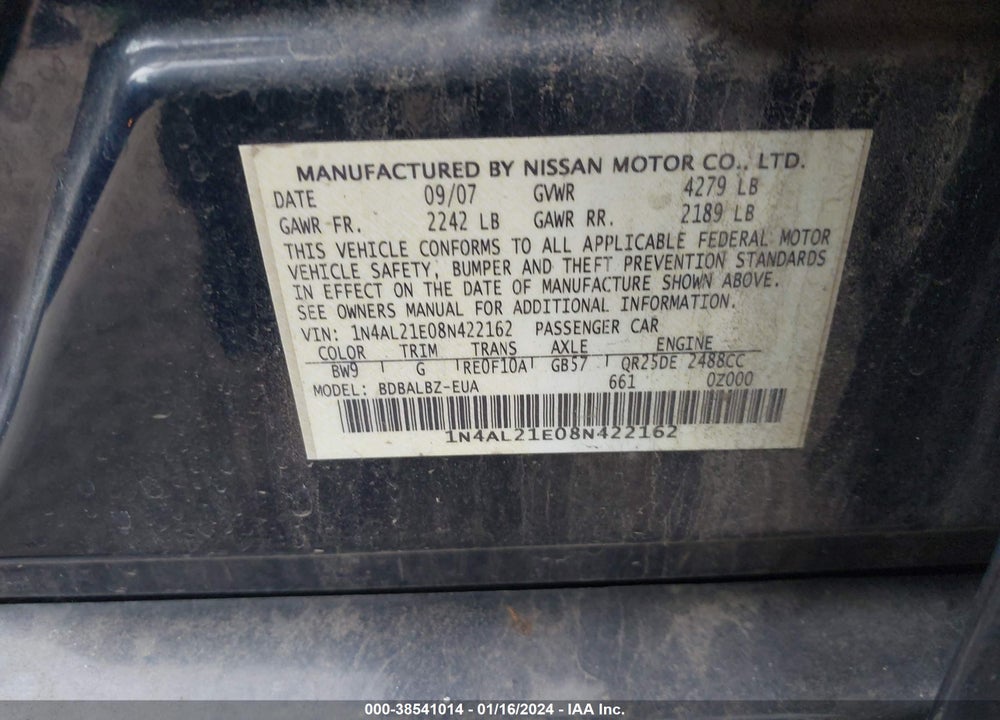 2008 NISSAN ALTIMA VIN: 1N4AL21E08N422162