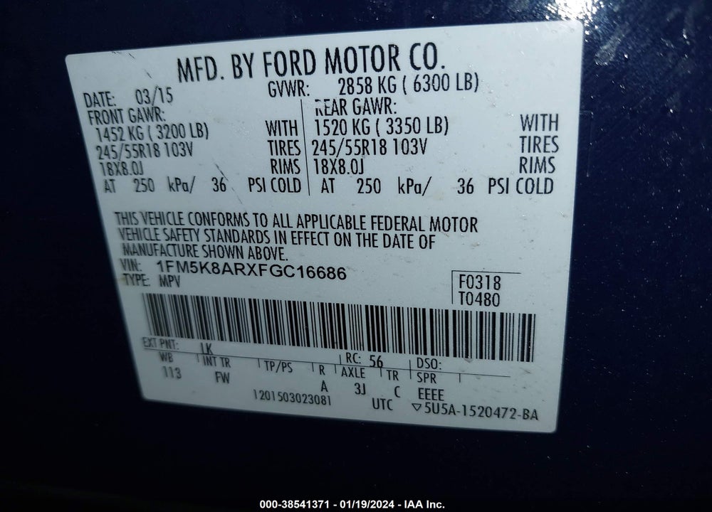 2015 FORD UTILITY POLICE INTERCEPTOR VIN: 1FM5K8ARXFGC16686