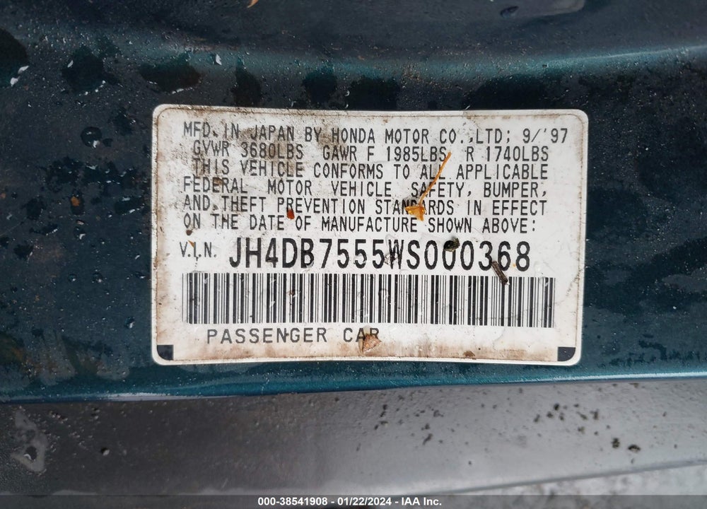 1998 ACURA INTEGRA LS VIN: JH4DB7555WS000368
