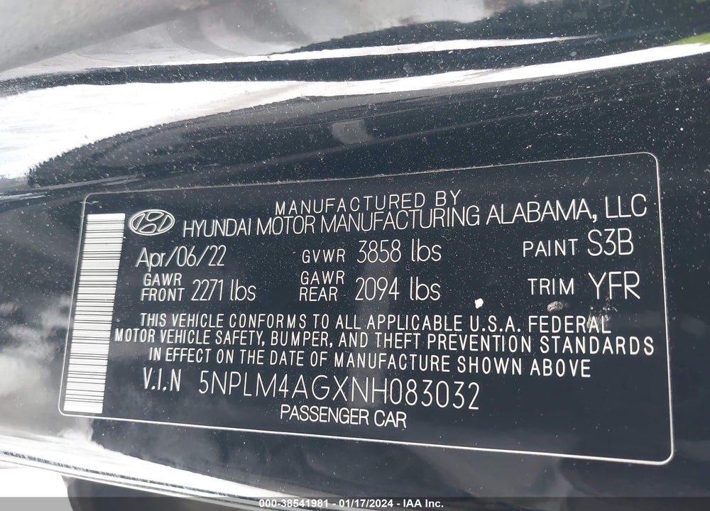 2022 HYUNDAI ELANTRA SEL VIN: 5NPLM4AGXNH083032
