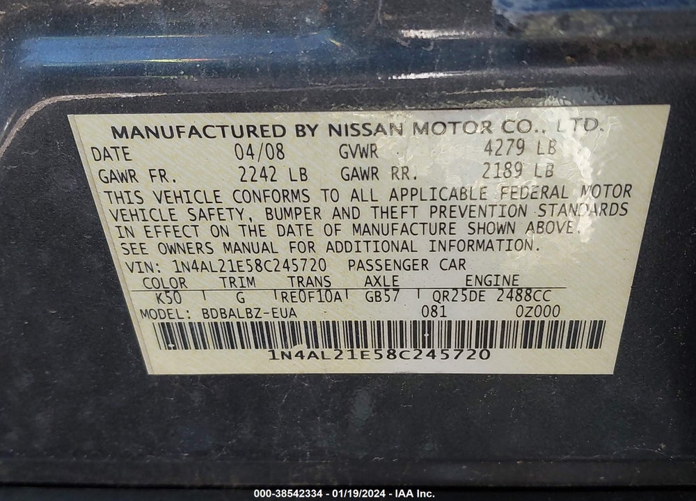 2008 NISSAN ALTIMA 2.5 S VIN: 1N4AL21E58C245720