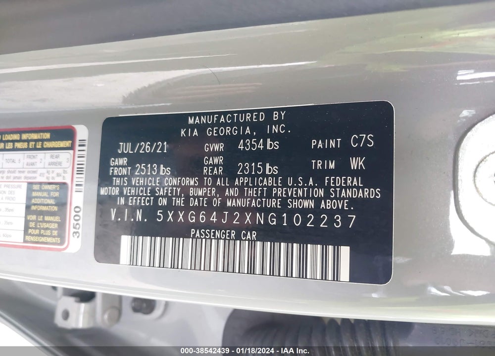 2022 KIA K5 GT LINE VIN: 5XXG64J2XNG102237