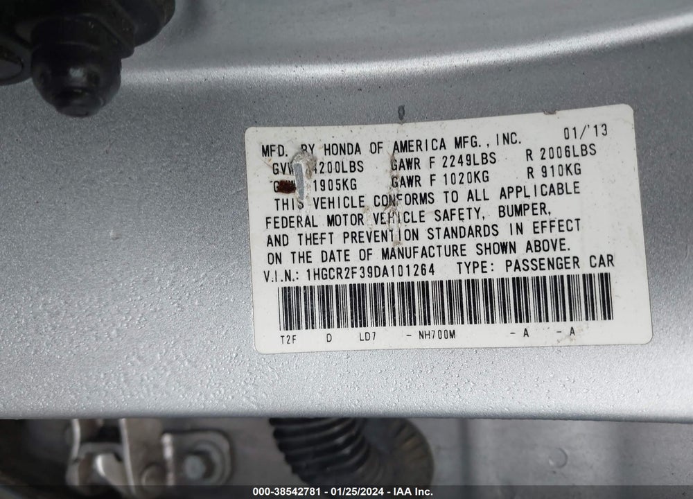 2013 HONDA ACCORD LX VIN: 1HGCR2F39DA101264