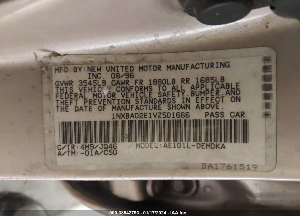 1997 TOYOTA COROLLA VIN: 1NXBA02E1VZ501666