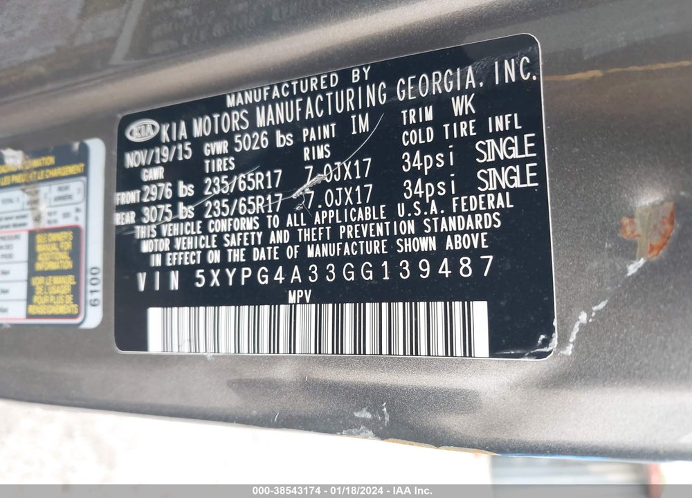 2016 KIA SORENTO 2.4L L VIN: 5XYPG4A33GG139487