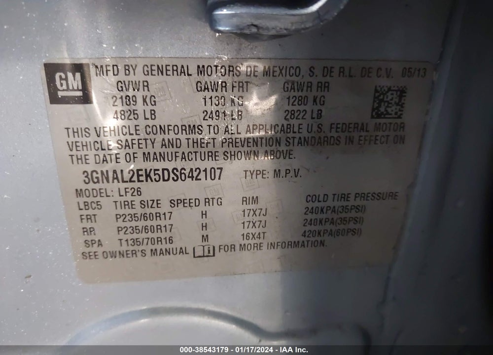 2013 CHEVROLET CAPTIVA SPORT 2LS VIN: 3GNAL2EK5DS642107