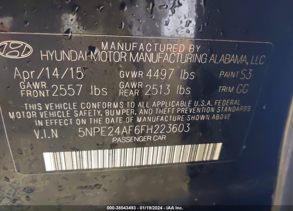 2015 HYUNDAI SONATA SE VIN: 5NPE24AF6FH223603