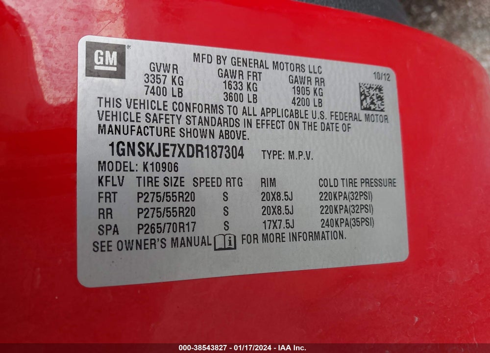 2013 CHEVROLET SUBURBAN 1500 LT VIN: 1GNSKJE7XDR187304