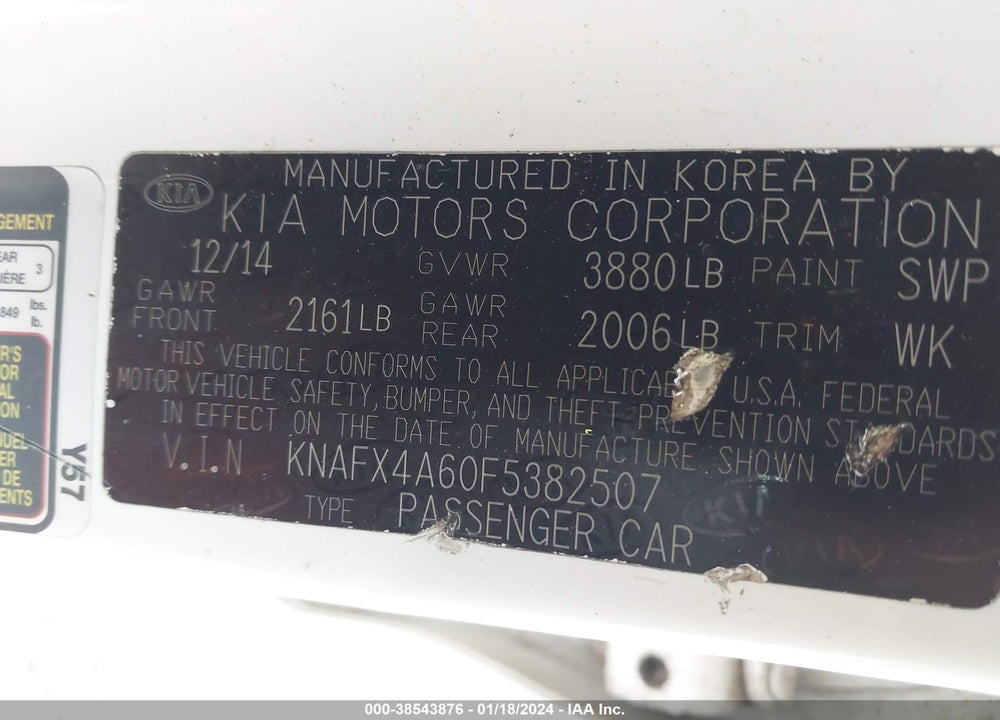 2015 KIA FORTE LX VIN: KNAFX4A60F5382507