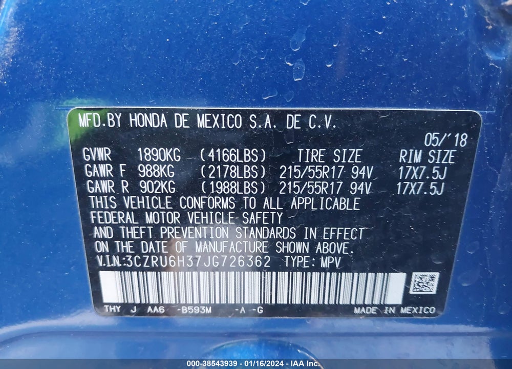 2018 HONDA HR-V LX VIN: 3CZRU6H37JG726362