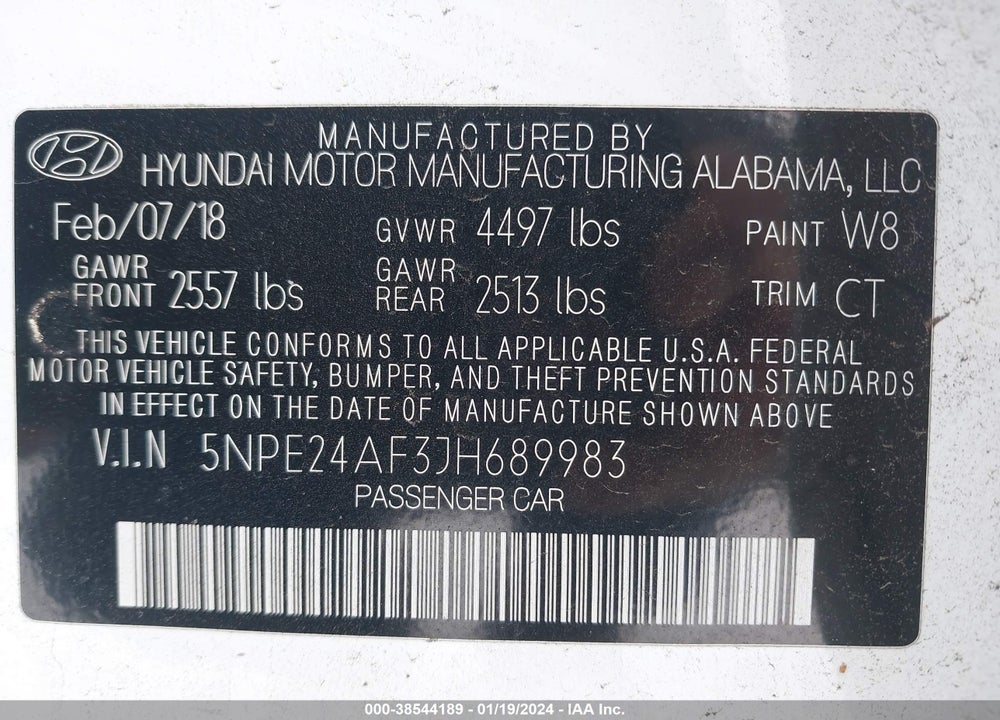 2018 HYUNDAI SONATA SE VIN: 5NPE24AF3JH689983